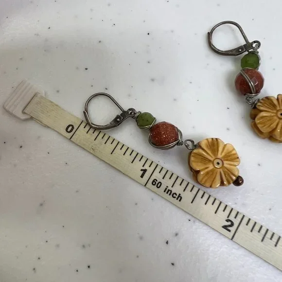 Goldstone Earrings Flower Dangle Beaded Orange Green Wire‎ Wrapped Drop 3D - Picture 6 of 6